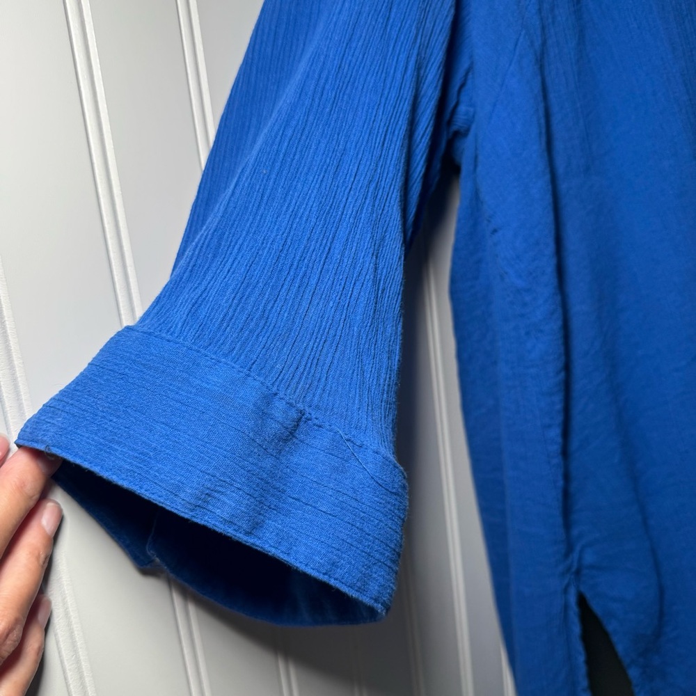 Catherine’s Blouse Women’s 2X Blue Gauzy Tunic Slits Roll Tab 3/4 Sleeves Casual - Picture 10 of 14